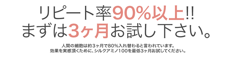 リピート率90%以上!!まずは３ヶ月お試し下さい。人間の細胞は3ヶ月で80%入れ替わると言われています。効果を実感頂くために、シルクアミノ100を最低３ヶ月お試し下さい。